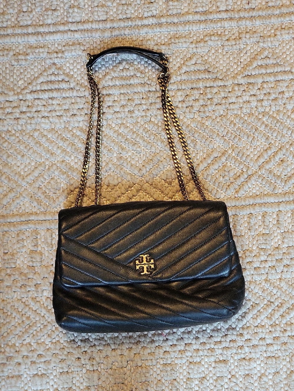Tory Burch Black Quilted Leather Shoulder Bag with Gold Logo Chain